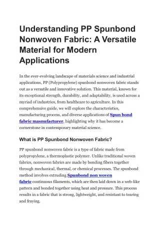 Understanding PP Spunbond Nonwoven