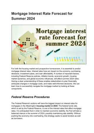 Mortgage Interest Rate Forecast for Summer 2024