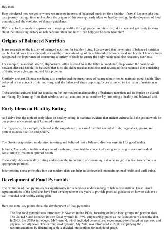 History of Balanced Nutrition for Healthy Living