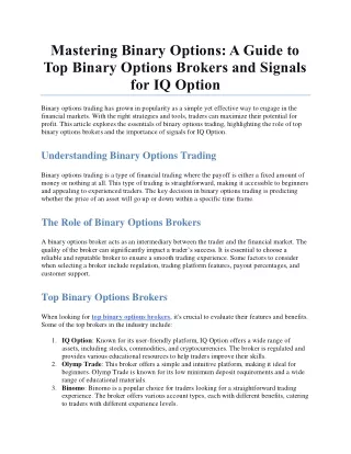Mastering Binary Options A Guide to Top Binary Options Brokers and Signals for IQ Option