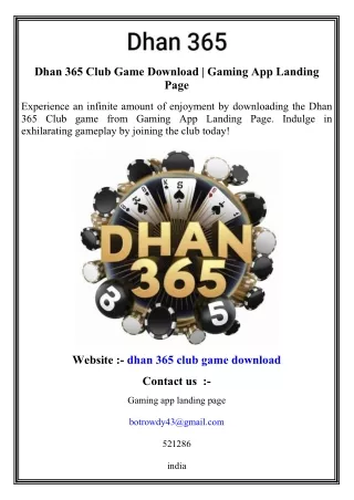 Dhan 365 Club Game Download   Gaming App Landing Page