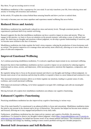 Unveiling the Hidden Mental Perks of Mindfulness Meditation