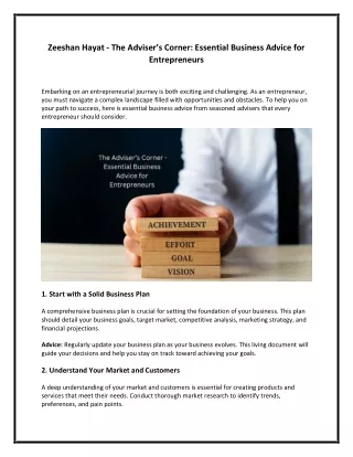 Zeeshan Hayat - The Adviser’s Corner - Essential Business Advice for Entrepreneurs