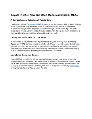 Toyota in UAE: New and Used Models at Imperial MEA