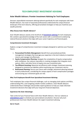 Tech Employees Investment Advising | Avier Wealth Advisors