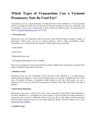 Which Types of Transactions Can a Vermont Promissory Note Be Used For?