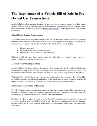 The Importance of a Vehicle Bill of Sale in Pre-Owned Car Transactions