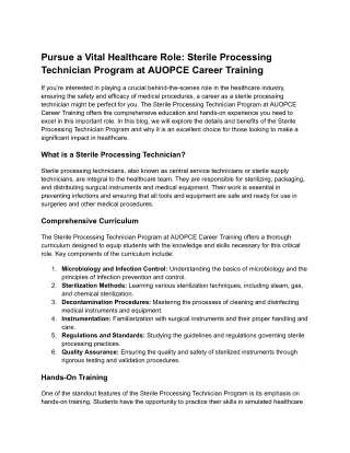 Pursue a Vital Healthcare Role- Sterile Processing Technician Program at AUOPCE Career Training