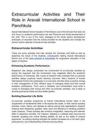 Extracurricular Activities and Their Role in Aravali International School in Panchkula