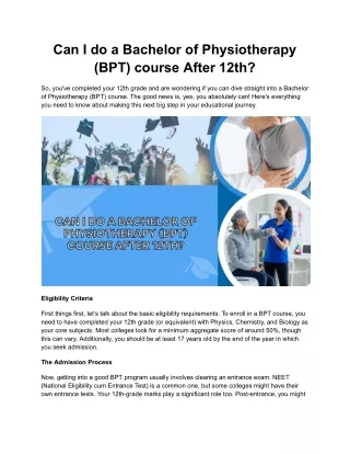 Can I do a Bachelor of Physiotherapy (BPT) course After 12th