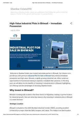 High-Value Industrial Plots in Bhiwadi – Immediate Possession