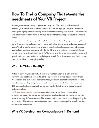 How To Find a Company That Meets the needments of Your VR Project