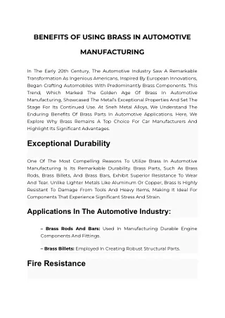 BENEFITS OF USING BRASS IN AUTOMOTIVE MANUFACTURING