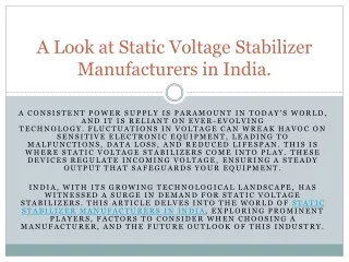 A Look at Static Voltage Stabilizer Manufacturers in India