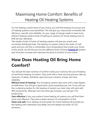 Maximising Home Comfort-Benefits of Heating Oil Heating Systems