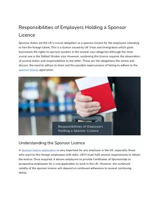 Responsibilities of Employers Holding a Sponsor Licence