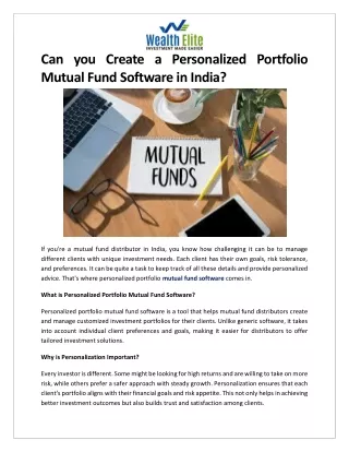 Can you Create a Personalized Portfolio Mutual Fund Software in India