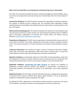 What is the role of ISO 22301 in ensuring Business Continuity during Crises in Saudi Arabia