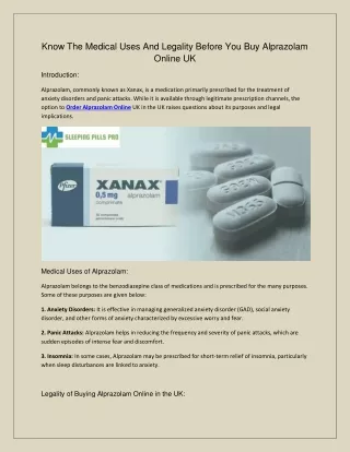 Know the medical uses and Legality before you buy Alprazolam Online UK