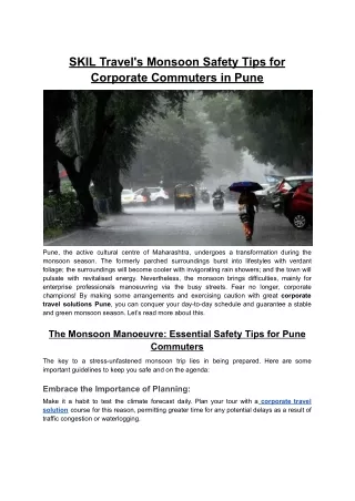 SKIL Travel's Monsoon Safety Tips for Corporate Commuters in Pune