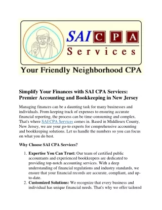 Simplify Your Finances with SAI CPA Services: Premier Accounting and Bookkeeping