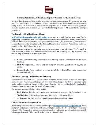 Future Potential: Artificial Intelligence Classes for Kids and Teens