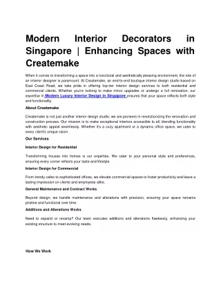 Modern Interior Decorators in Singapore | Enhancing Spaces with Createmake