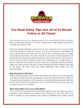 Ten Road Safety Tips that All of Us Should Follow at All Times