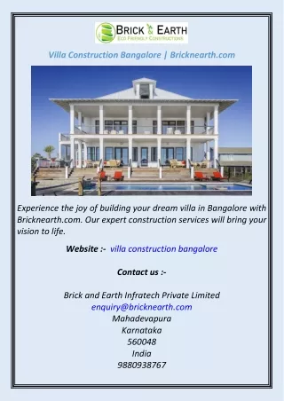 Villa Construction Bangalore  Bricknearth.com