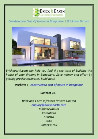 Construction Cost Of House In Bangalore  Bricknearth.com