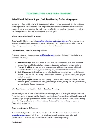 Tech Employees Cash Flow Planning | Avier Wealth Advisors