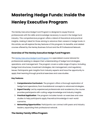 Mastering Hedge Funds_ Inside the Henley Executive Program
