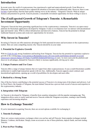The (Un)Expected Growth of Telegram's Toncoin: A Remarkable Investment Opportuni