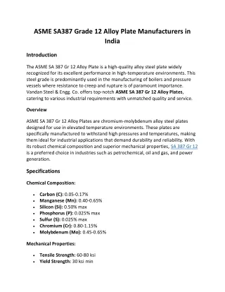 ASME SA 387 Grade 12 Alloy Plate Suppliers In India