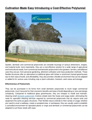 Cultivation Made Easy Introducing a Cost-Effective Polytunnel