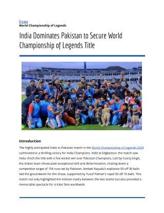 India Dominates Pakistan to Secure World Championship of Legends Title