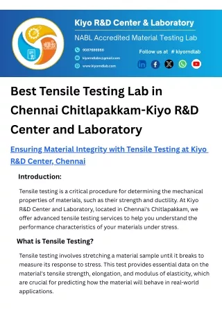 Best Tensile Testing Lab in Chennai Chitlapakkam-Kiyo R&D Center and Laboratory