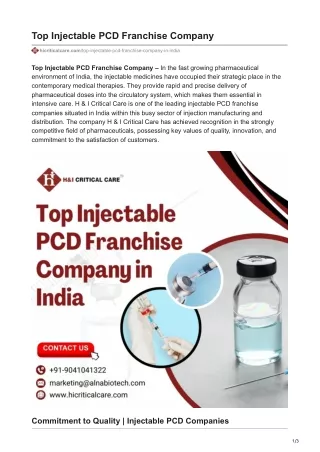 Top Injectable PCD Franchise Company in India | H&I Critical Care