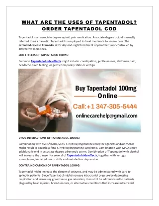 WHAT ARE THE USES OF TAPENTADOL? ORDER TAPENTADOL COD