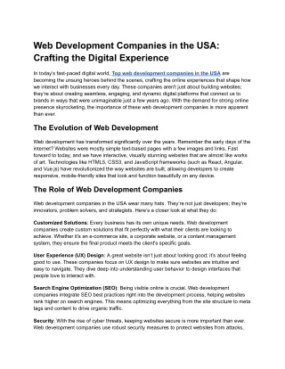 Web Development Companies in the USA: Crafting the Digital Experience