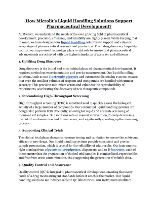 How Microlit’s Liquid Handling Solutions Support Pharmaceutical Development?