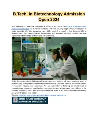 B.Tech. in Biotechnology Admission Open 2024