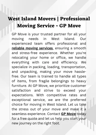 West Island Movers  Professional Moving Service - GP Move