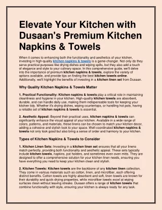 Discover Dusaan's Premium Kitchen Napkins & Towels – Stylish & Functional