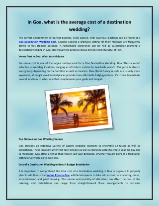 In Goa, what is the average cost of a destination wedding?