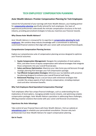 Tech Employees Compensation Planning | Avier Wealth Advisors