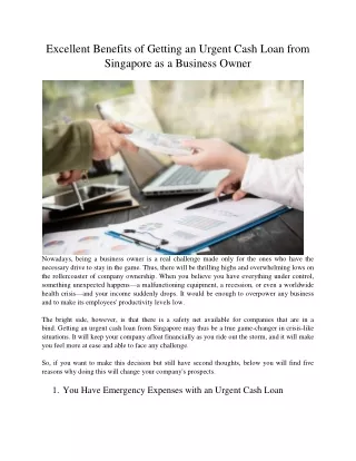 Excellent Benefits of Getting an Urgent Cash Loan from Singapore as a Business Owner