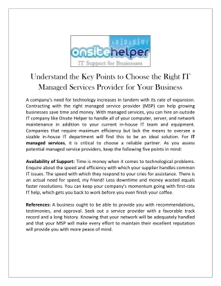 Understand the Key Points to Choose the Right IT Managed Services Provider for Y