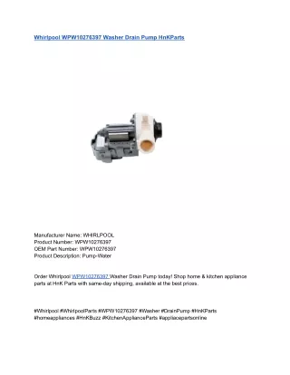 Whirlpool WPW10276397 Washer Drain Pump HnKParts