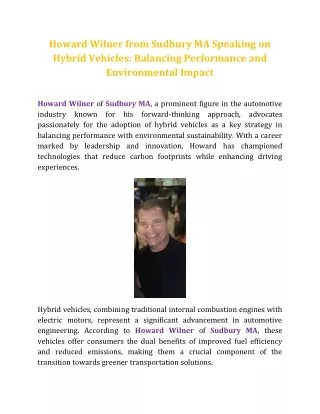 Howard Wilner from Sudbury MA Speaking on Hybrid Vehicles: Balancing Performance and Environmental Impact